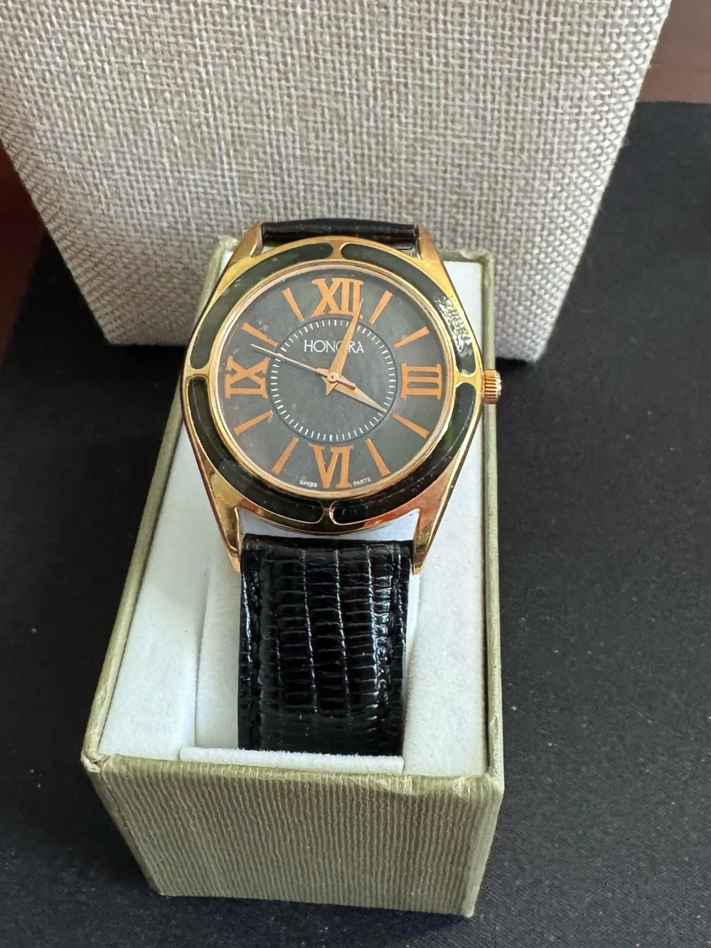 Honora Black Dial Bronze Gold Case Men/Women Dress Watch w/ Green Pearl Bezel